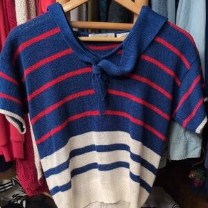 Jumpin Knits Vintage Sailor Blue and Red Striped Cowl Knit Knit Top